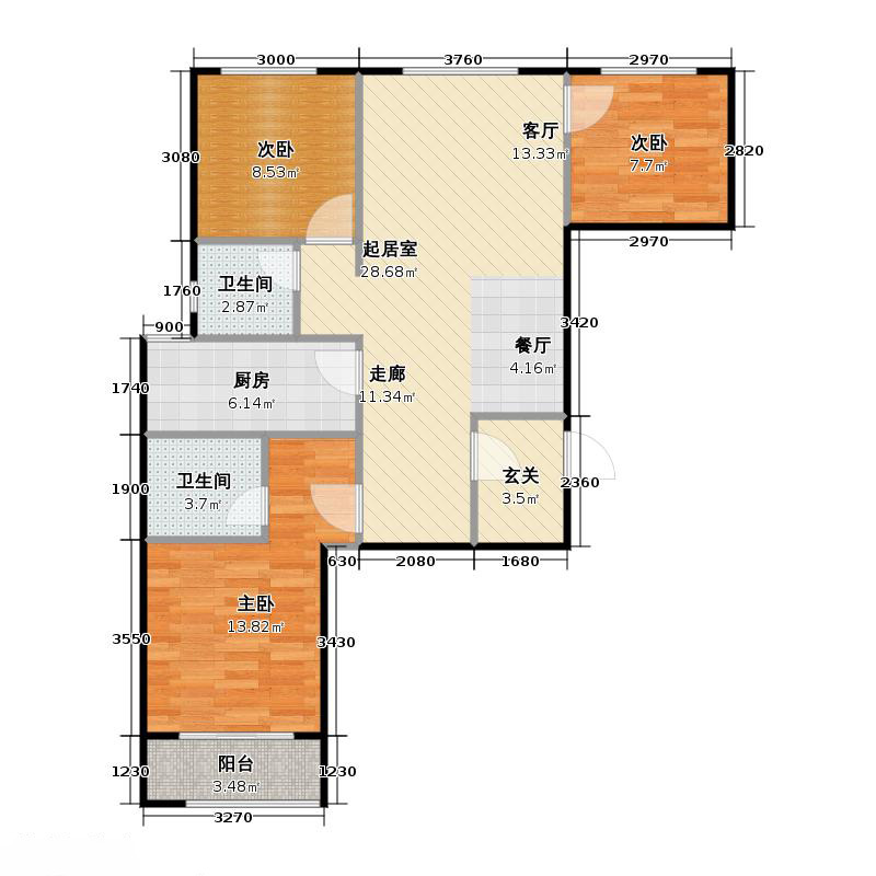 鑫界9號院3室0廳2衛(wèi)1廚103㎡戶型圖