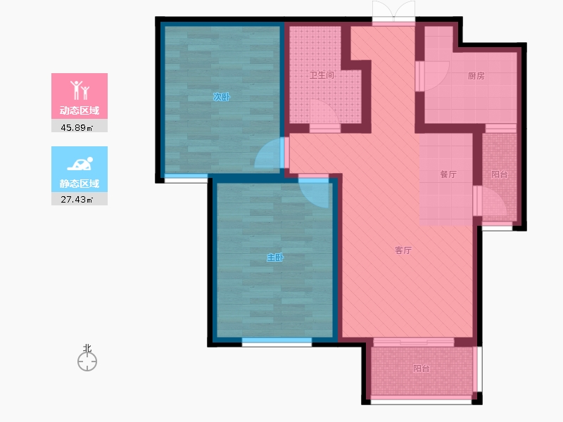 瀚唐2室2廳1衛(wèi)0廚89.00㎡動(dòng)靜分區(qū)圖