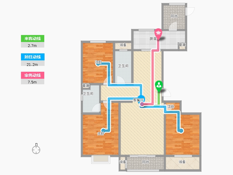 瀚唐3室1廳2衛(wèi)1廚138.00㎡動線圖
