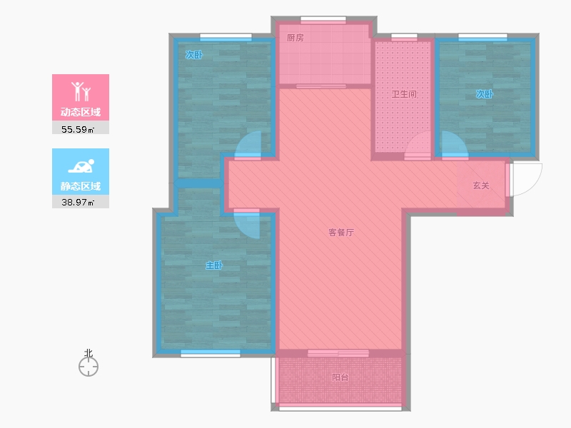 林蔭大院3室1廳1衛(wèi)1廚118.00㎡動(dòng)靜分區(qū)圖