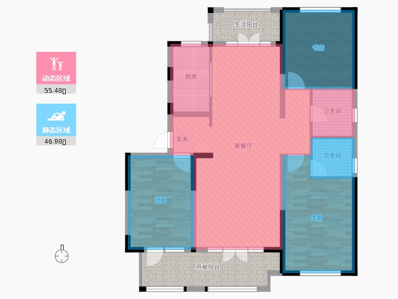 阿爾卡迪亞榮盛城3室2廳2衛(wèi)1廚139.00㎡動靜分區(qū)圖