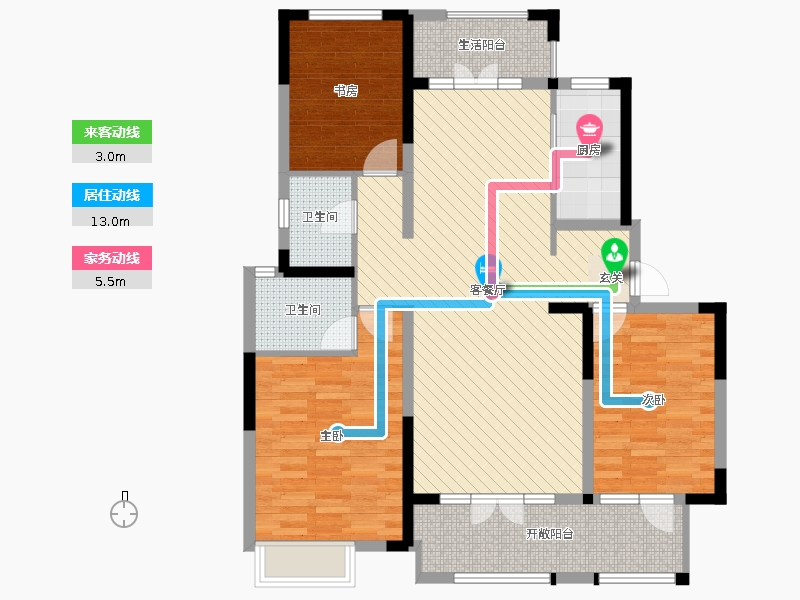 阿爾卡迪亞榮盛城3室2廳2衛(wèi)1廚142.00㎡動線圖