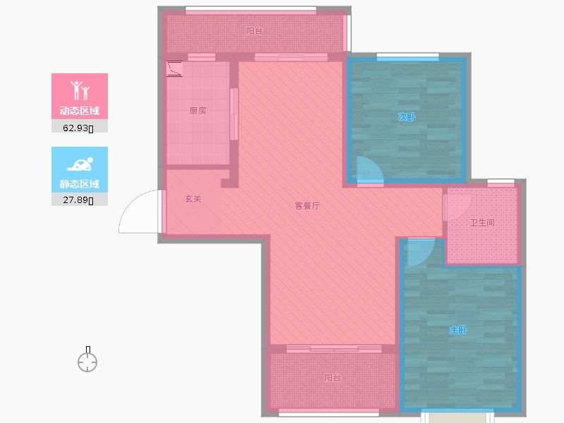 赫石府2室2廳1衛(wèi)1廚99.00㎡動靜分區(qū)圖