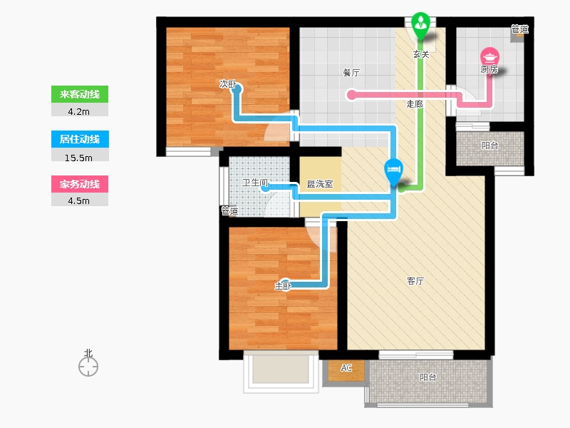 弘石灣2室2廳1衛(wèi)1廚90.00㎡動(dòng)線圖
