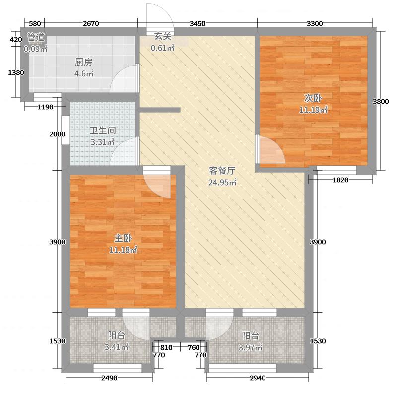 天下錦程花苑2室2廳1衛(wèi)1廚96.00㎡戶型圖