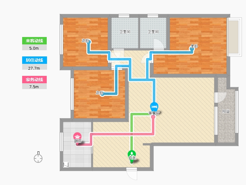 天下錦程花苑3室2廳2衛(wèi)1廚137.00㎡動靜線圖
