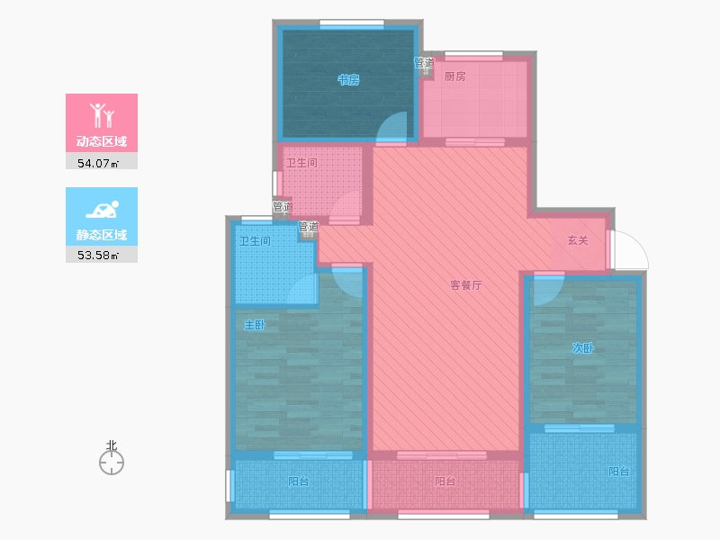 長久中心公園9號3室1廳2衛(wèi)1廚135㎡動(dòng)靜分區(qū)圖