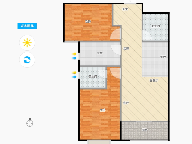 鑫界9號院2室1廳2衛(wèi)1廚100㎡采光通風圖