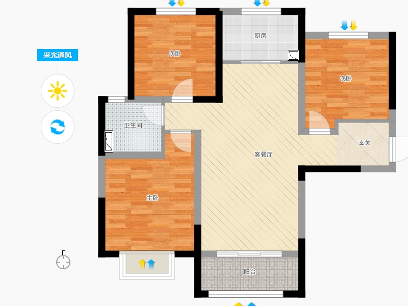 保利西悅春天3室2廳1衛(wèi)1廚109㎡采光通風(fēng)圖