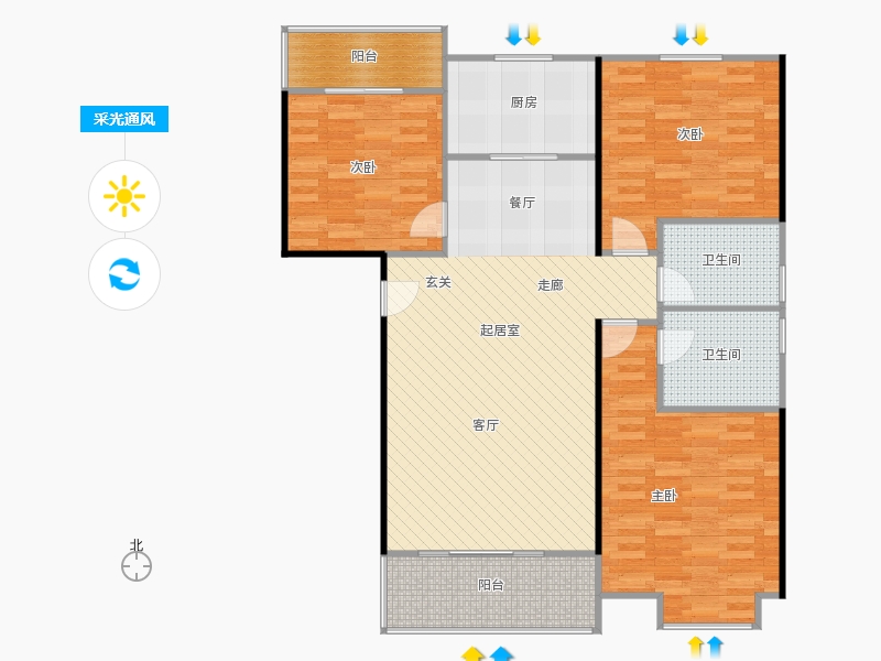 橡嶸灣3室2廳2衛(wèi)1廚126㎡采光通風圖